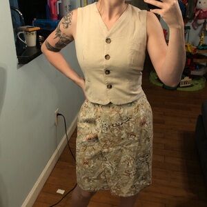PRICE FIRM Tan linen floral skirt and vest set